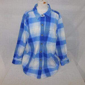 Eddie Bauer Womens 2X Blue White Plaid Chutes Fleece Shirt Jacket Shacket